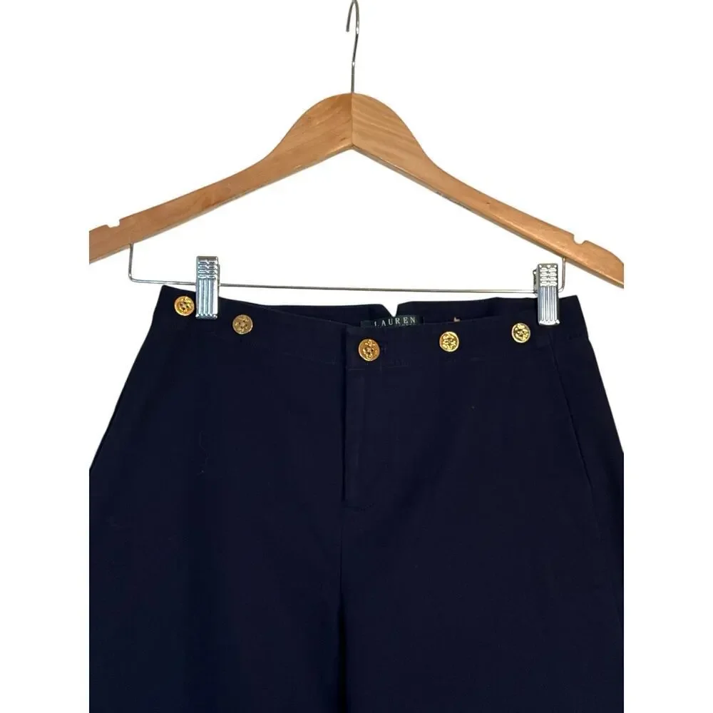 Lauren by Ralph Lauren Women Nautical Cotton Stretch Wide Leg Pants Size 2 Navy
